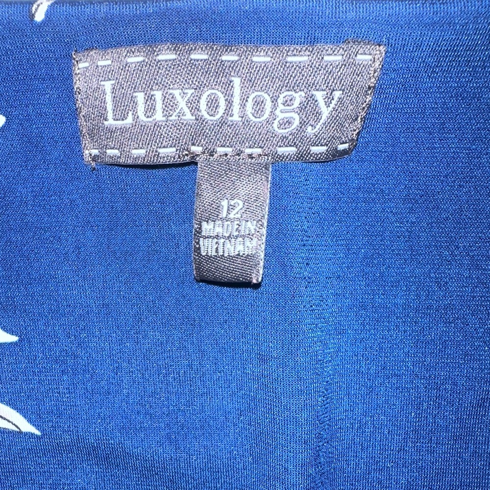 Women’s Luxology Floral Blue Midi Dress with Sheer Sharkbite Hem size 12 - Picture 7 of 9